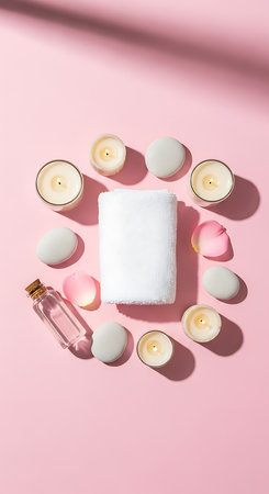 Spa still life with candles, towel and soap on pink backgroundの素材