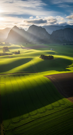 Sunset over the green fields of the Swiss canton of Schwyzの素材