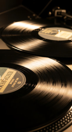 Vintage vinyl record player close up with shallow depth of field.の素材