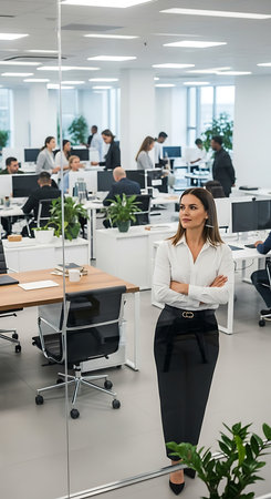 Confident businesswoman standing with arms crossed in modern office with colleagues in the backgroundの素材