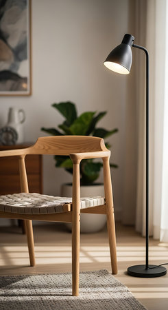 Wooden chair with lamp in living room, interior design concept.の素材