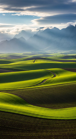 Beautiful spring landscape with green fields and mountains in the background.の素材