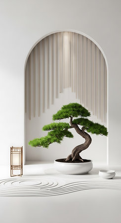 Bonsai tree in a pot on a white floor. 3d renderingの素材