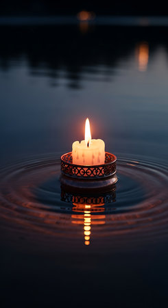 Burning candle on the water surface with reflection in the water.の素材