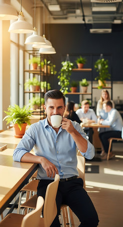 Handsome businessman drinking coffee while sitting in a cafe with colleagues in the backgroundの素材