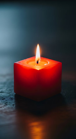 Burning red candle on a dark background. Shallow depth of field.の素材