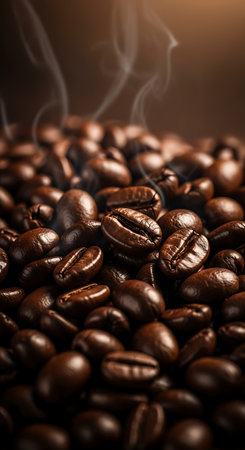 Coffee beans with smoke on dark background, close-upの素材