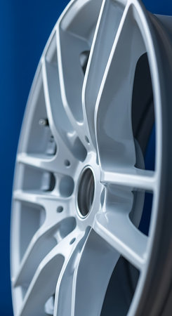 Close-up of a white alloy wheel on a blue background.の素材