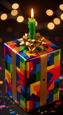 Gift box with candle on bokeh background, close upの素材