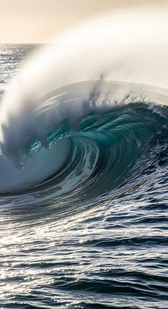 Blue ocean wave with white foam and water splashes on the surface.の素材