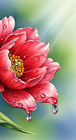 Illustration of a red flower with water drops on a green backgroundの素材