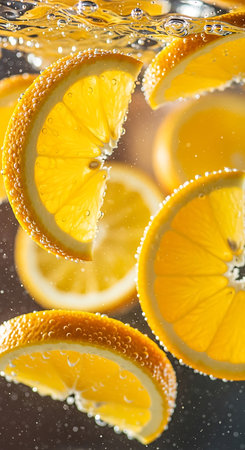 Slices of orange in water with bubbles on a dark backgroundの素材