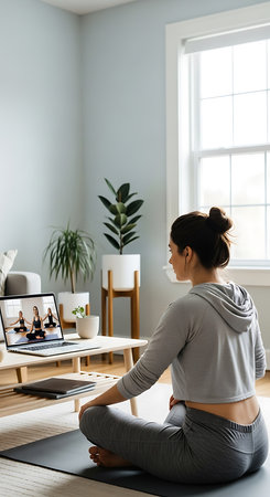 back view of young woman meditating in lotus position at homeの素材