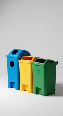 Colorful recycle bins on gray background. Recycling concept.の素材