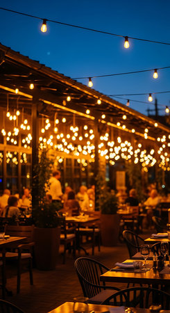 Cafe and restaurant at night. Bokeh lights in the background.の素材