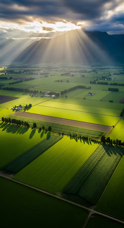 Aerial view of green agricultural fields with sunbeams at sunsetの素材