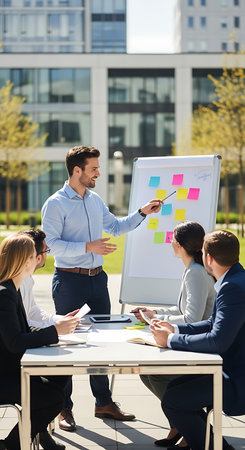 businessman presenting new project on whiteboard to colleagues in modern officeの素材
