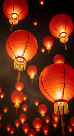 Red paper lanterns in chinese lunar new year festival at nightの素材