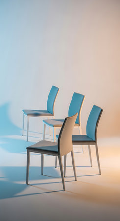 Three chairs and a table on a light background. 3d renderingの素材