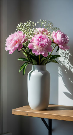 Bouquet of pink peonies in a vase on a shelfの素材