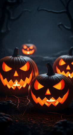 Halloween pumpkins with scary faces on dark background, closeupの素材
