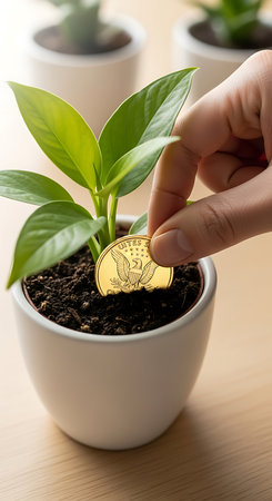 Investment concept, Coins in a pot with a green plant.の素材