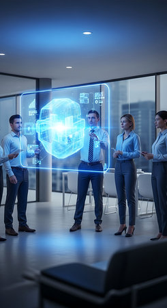 Business people using mobile phone in modern office with glowing padlock hologram. Security concept. 3D Renderingの素材