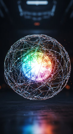 3D rendering of abstract digital globe hologram on dark background. Futuristic technology conceptの素材