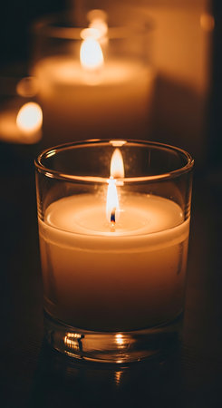 Burning candle in a glass on a dark background. Selective focus.の素材