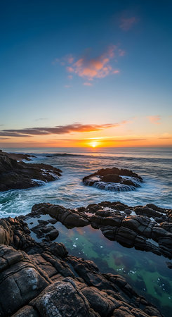 Sunset over the rocks on the coast of Cornwall England UK Europeの素材