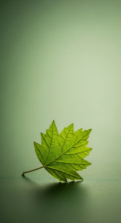 Green maple leaf on a green background with copy space for text.の素材