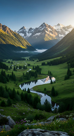 Mountain landscape with lake and high peaks at sunset. Caucasus, Russiaの素材
