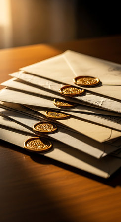 Envelopes with gold coins on a wooden table, close upの素材