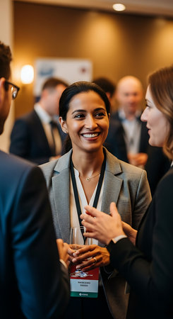 businesswoman holding paper cup of coffee and smiling at camera in conference hallの素材