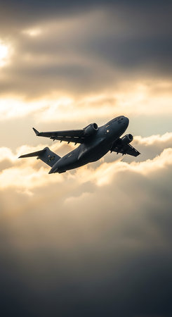 Military aircraft flying in the sky with clouds in the background at sunsetの素材