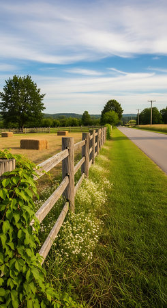 Wooden Fence Leading to a Countryside Road in the Summerの素材