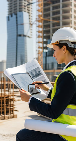 selective focus of female architect in helmet holding blueprint on construction siteの素材