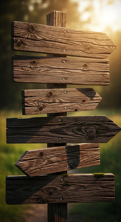 Wooden signpost in the forest at sunset. Conceptual image.の素材