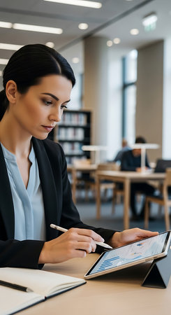selective focus of businesswoman using digital tablet with charts in officeの素材