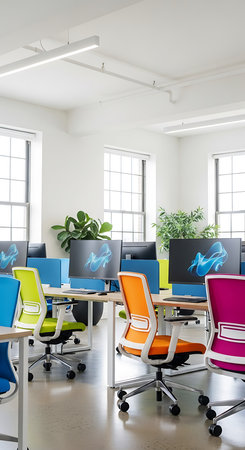 Modern coworking office interior with colorful chairs and desks. 3d renderingの素材