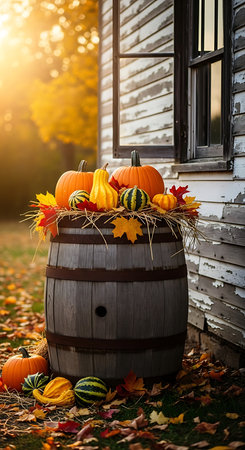 Autumn scene with pumpkins and leaves in front of a houseの素材