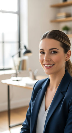 portrait of smiling businesswoman looking at camera while sitting in officeの素材