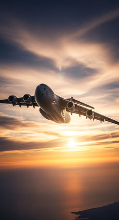 Airplane in the sky at sunset. Business travel concept. 3D Renderingの素材