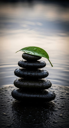 zen basalt stones and green leaf on water background, zen conceptの素材