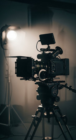 Professional video camera on a tripod in a dark room. Filtered image processed vintage effect.の素材