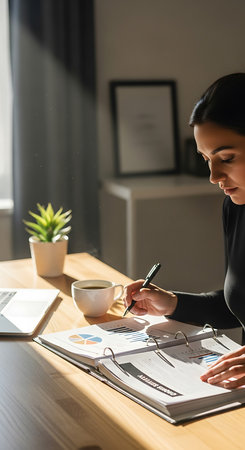 selective focus of businesswoman writing in notebook at workplace in officeの素材