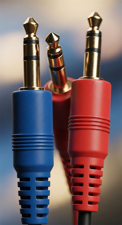 Cables with connectors on blurred background, closeup. Computer equipmentの素材