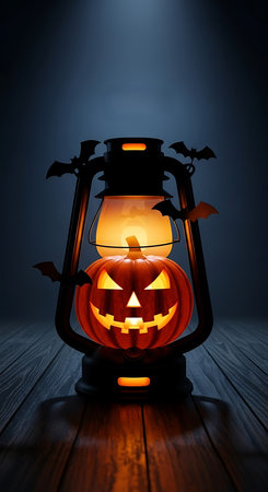 Halloween pumpkin lantern with bats and spiders on dark background. 3D renderingの素材