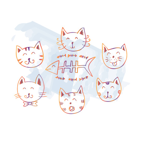 Cute Cartoon Doodle Catsのイラスト素材