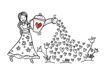 Hand drawn beautiful cute girl watering flowersのイラスト素材